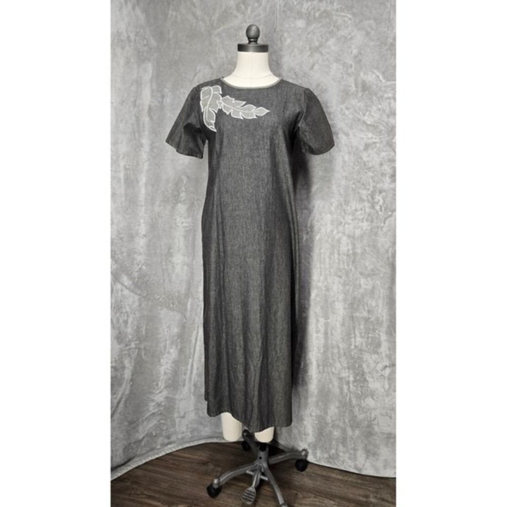 Linda G Honolulu Maxi Dress‎ XXS Gray Cotton Casual Hawaiian Leaf Applique